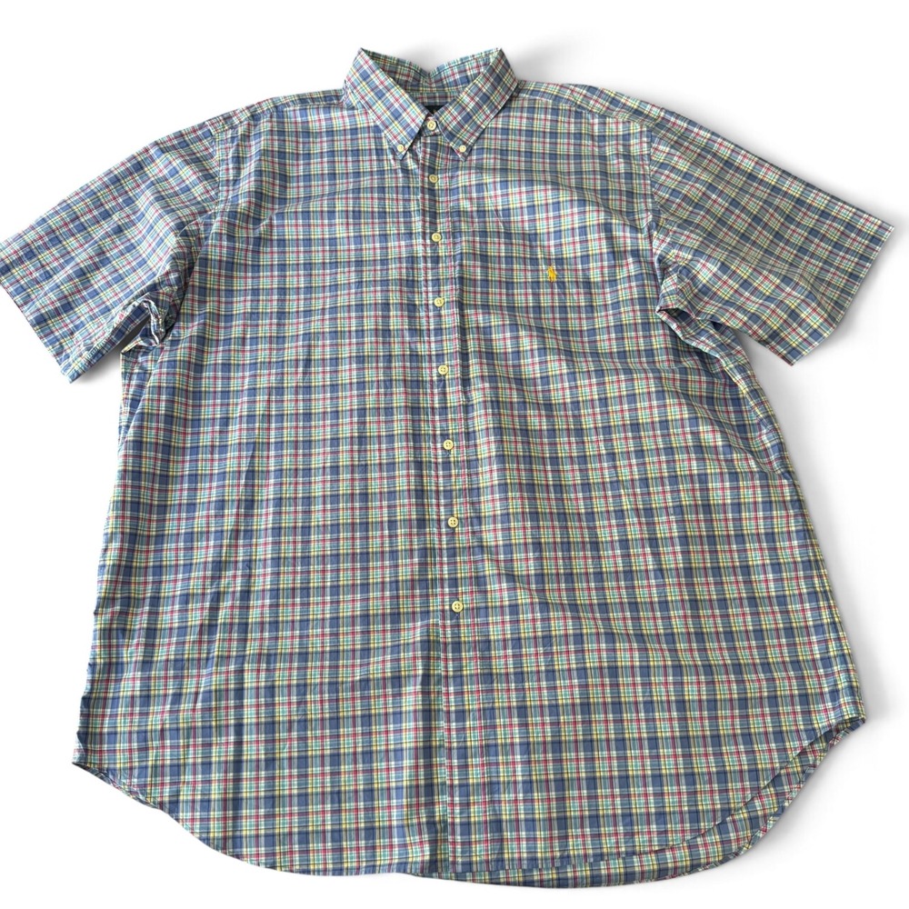 Ralph Lauren Button Down Shirt Men 2XLT Blue Plaid Short Sleeve Big Tall Pony